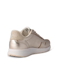Metallic gold sneaker with a smooth leather upper, textured back with a reptile pattern, white rubber sole, and stitched accents.