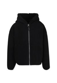 Felpa nera con zip realizzata in morbido pile, con cappuccio foderato, due tasche frontali e vestibilità comoda. La zip è dotata di un tirante con marchio.