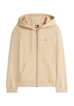 Μπεζ φούτερ με φερμουάρ, μπροστινές τσέπες, κουκούλα, κορδόνια και μικρό λογότυπο Tommy Jeans στο στήθος.