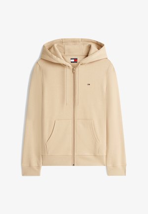 Μπεζ φούτερ με φερμουάρ, μπροστινές τσέπες, κουκούλα, κορδόνια και μικρό λογότυπο Tommy Jeans στο στήθος.