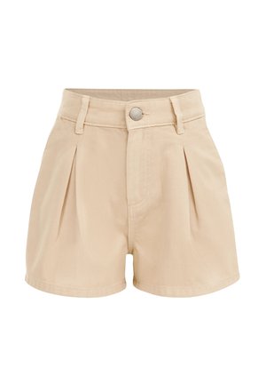 Beige shorts med høj talje, forstykker med læg foran, bæltestropper, knaplukning og lynlås, fremstillet af slidstærkt stof.