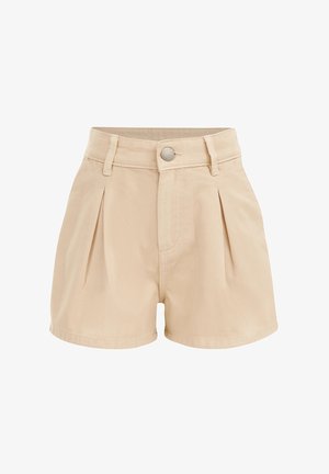 Beige shorts med høj talje, forstykker med læg foran, bæltestropper, knaplukning og lynlås, fremstillet af slidstærkt stof.