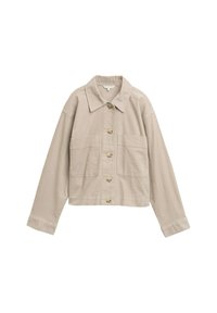 Light beige cotton jacket with long sleeves, a collar, five front buttons, and two large patch pockets on the front. Textured fabric.