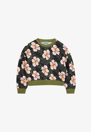 Sweat à capuche vert avec un motif floral sombre, comprenant de grandes fleurs roses et des feuilles vertes. Poignets et ourlet côtelés, col rond.