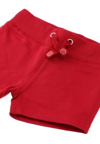 Rode katoen korte broek met een gestructureerde tailleband en trekkoord. Voorzien van metalen oogjes en knoopaccenten aan de voorkant voor bevestiging.