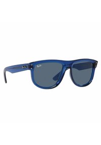 Occhiali da sole in acetato blu con montatura quadrata, lenti scure e dettagli in metallo argentato con logo sulle tempie.