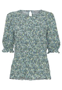 Blumenbluse in Hellblau mit gerafftem Design, Puffärmel und einem Schlüsselloch-Detail im Rücken. Das Material wirkt leicht und strukturiert.