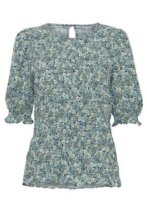 Floral blouse in light blue, featuring a gathered design, puff sleeves, and a keyhole back detail. Material appears lightweight and textured.
