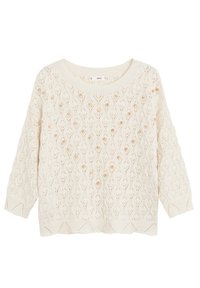 Sweter z dzianiny w kremowym kolorze z diamentowym wzorem koronkowym, szerokimi mankietami i okrągłym dekoltem. Posiada ażurowe detale w całej konstrukcji.