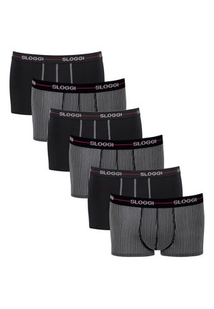 Black and striped boxer briefs in a pack, featuring elastic waistbands with "SLOGGI" branding; varied patterns and solid designs.