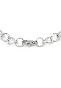 Catena in metallo argentato con maglie intrecciate che presentano forme ovali e circolari. Include un gancio per unire le estremità.