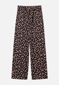 Wijdvallende broek in marineblauw met een roze luipaardprint, voorzien van een striktaille, een soepele textuur en een vloeiende stijl.