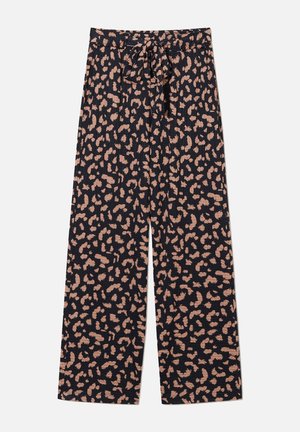 Wijdvallende broek in marineblauw met een roze luipaardprint, voorzien van een striktaille, een soepele textuur en een vloeiende stijl.