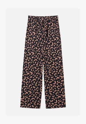 Wijdvallende broek in marineblauw met een roze luipaardprint, voorzien van een striktaille, een soepele textuur en een vloeiende stijl.