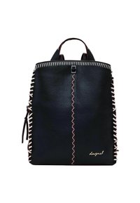 Schwarzer Leder-Rucksack mit weißen und roten Nähakzenten, ausgestattet mit einem Handgriff oben und verstellbaren Riemen für bequemes Tragen.
