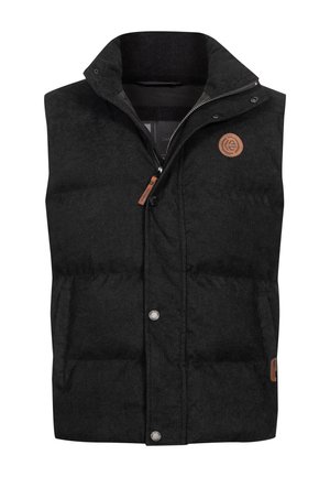 Chaleco acolchado negro con cuello alto, cierre frontal y botones a presión. Incluye un logo de aspecto de cuero y bolsillos laterales para almacenamiento.