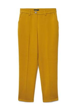 Gelbe gerade geschnittene Hose mit Vordertaschen, Gürtelschlaufen und Knopfverschluss an der Taille.