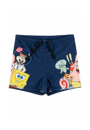 Navy blue swim shorts with black drawstring, featuring SpongeBob SquarePants characters SpongeBob, Patrick, Squidward, Sandy, Mr. Krabs, and Gary.