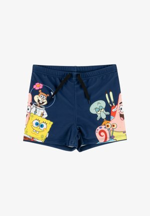 Costume da bagno blu navy con coulisse nera, con i personaggi di SpongeBob SquarePants: SpongeBob, Patrick, Squidward, Sandy, Mr. Krabs e Gary.