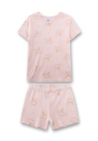 Light pink cotton pajama set featuring short sleeves and shorts, adorned with a floral and fairy print in yellow and light pink tones.