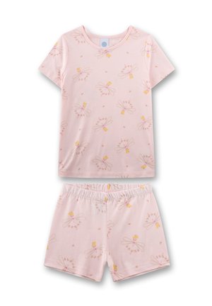 Hellrosa Baumwoll-Pyjama-Set mit kurzärmeligem Oberteil und Shorts, verziert mit einem Blumen- und Feenmotiv in Gelb- und Hellrosa-Tönen.
