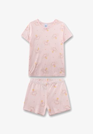 Hellrosa Baumwoll-Pyjama-Set mit kurzärmeligem Oberteil und Shorts, verziert mit einem Blumen- und Feenmotiv in Gelb- und Hellrosa-Tönen.