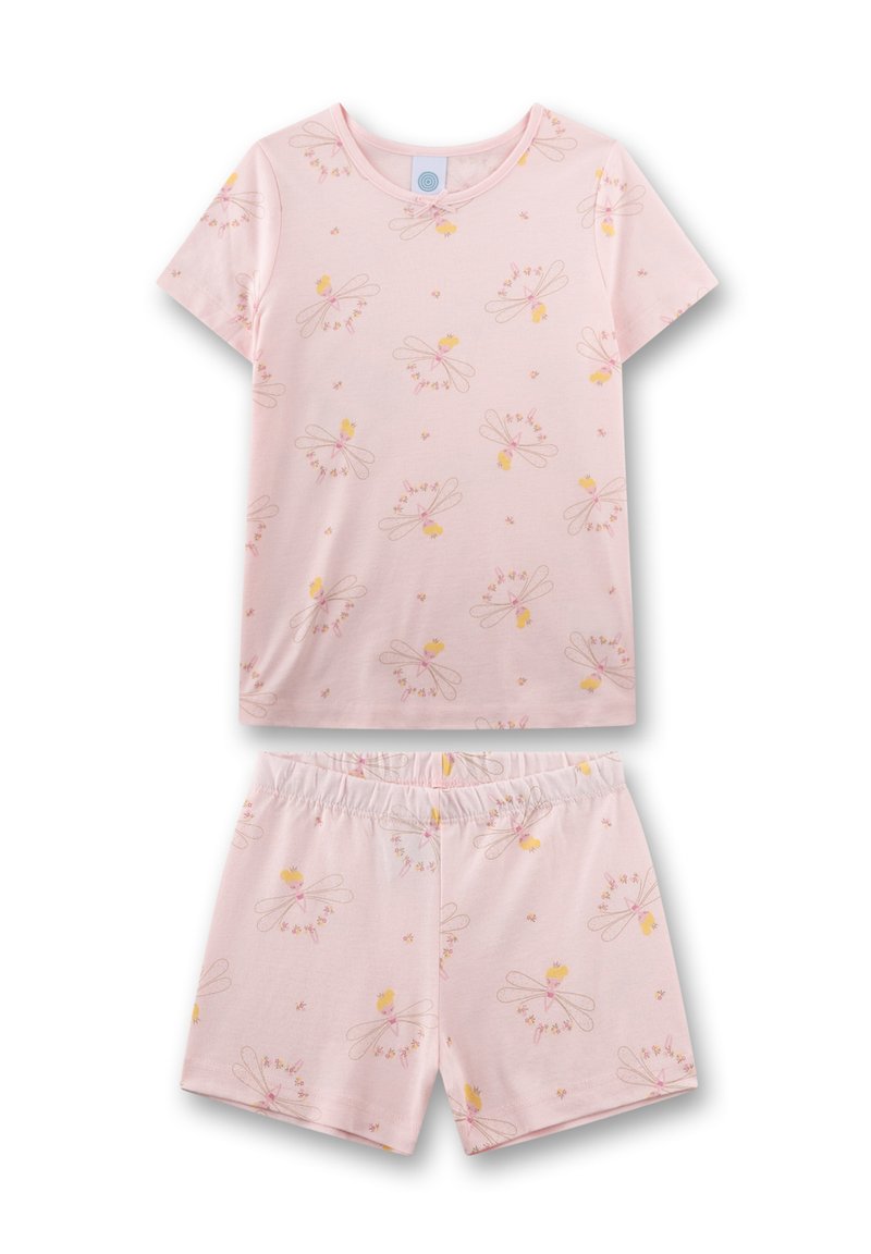 Light pink cotton pajama set featuring short sleeves and shorts, adorned with a floral and fairy print in yellow and light pink tones.