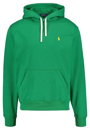 Vihreä hupullinen collegepaita valkoisilla nauhoilla, etutaskulla ja pienellä keltaisella Polo Ralph Lauren -logolla vasemmalla rinnassa.