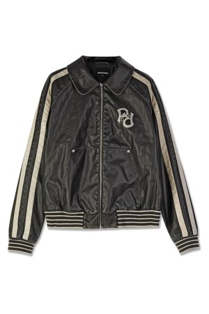Black bomber jacket in polyester, featuring a ribbed hem, large collar, and cream stripes. Notable logo detail in gray on the chest.