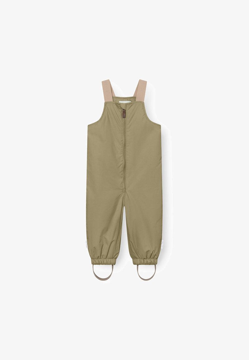 Wasserdichter Khaki-Overall mit verstellbaren beigen Trägern, Front-Reißverschluss und elastischen Bündchen. Mit Schlaufen an den Knöcheln für zusätzlichen Halt.