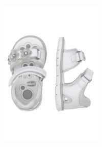 Sandali bianchi per bambini realizzati in materiale sintetico, con doppie cinghie regolabili a strappo, decorazioni floreali e suola testurizzata.
