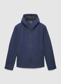 Navy blue windbreaker jacket with a hood, front zipper, and side zippered pockets. Features a smooth, water-resistant exterior.