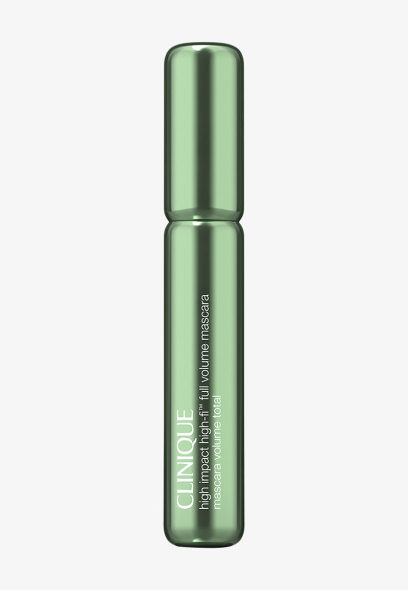 Tubo di mascara cilindrico verde con una finitura lucida. L'etichetta presenta testo bianco. Il tappo è arrotondato e il tubo ha una superficie liscia.