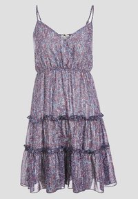 Robe sans manches à volants, faite d'un tissu léger. Présente un motif multicolore dans des tons de violet, rose et bleu avec des bords froncés.
