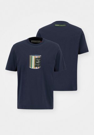 Navy blue cotton t-shirt with short sleeves, featuring a front pocket graphic of a striped paint can and logo text. Round neckline.