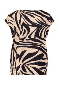 Haut noir et beige à manches courtes, présentant un audacieux motif de feuilles abstraites et une coupe décontractée. Fabriqué en tissu doux avec une texture lisse.