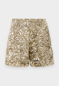 Gold sequin shorts with a shiny texture, featuring a loose fit and an elastic waistband. The sequins create a sparkling effect.