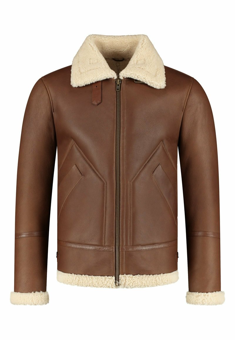 Braune Lederjacke mit einem cremefarbenen Lammfellkragen und -manschetten. Verfügt über einen Reißverschluss und schräg angeschnittene Seitentaschen mit einer glatten Textur.