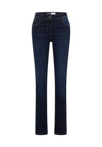 Jean en denim bleu foncé avec jambes droites, doté d'une fermeture éclair et d'un bouton, cinq poches et des surpiqûres contrastantes.