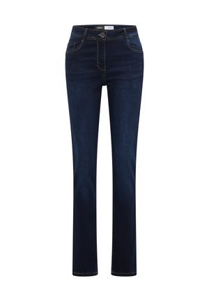 Jeans in denim blu scuro con gambe dritte, dotati di zip e chiusura con bottone, cinque tasche e cuciture a contrasto.