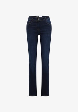 Mörkblå jeans i denim med raka ben, försedda med dragkedja och knappstängning, fem fickor och kontrastsömmar.