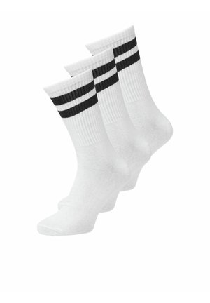 Witte sportieve sokken met drie zwarte horizontale strepen, gemaakt van zachte stof met een ribbelstructuur, met een klassiek enkelontwerp.