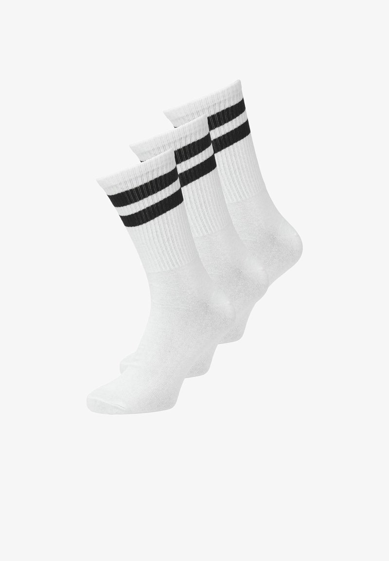 White athletic socks featuring three black horizontal stripes, made from soft fabric with ribbed texture, showing a classic ankle design.