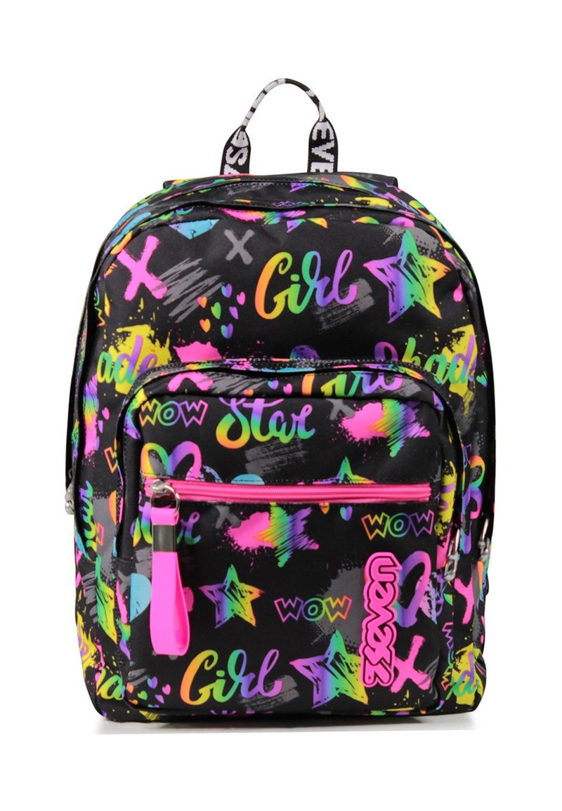 Zaino nero con design grafici colorati che includono stelle e frasi in rosa brillante, giallo, verde e blu. Due scomparti con zip.