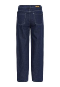 Tumedat sinised sirge lõikega teksad, vaadatuna tagant, kahte taskut ja väikest beezist nahaplaati vöökohal.