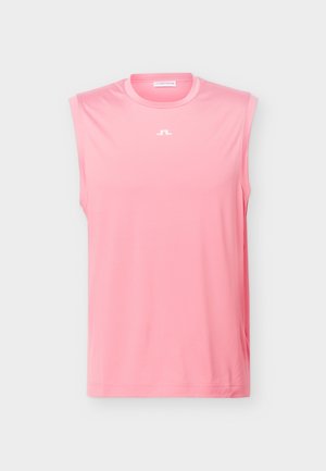 Ružové atletické tielko bez rukávov s okrúhlym výstrihom a malým bielym logom umiestneným pod golierom na jednofarebnom pozadí.