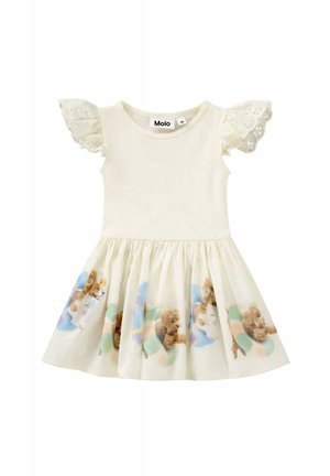 Kremowa sukienka dla małego dziecka z koronkowymi falbanami na rękawach i spódnicy ozdobiona ilustracjami brązowych szczeniąt z pastelowymi wstążkami.