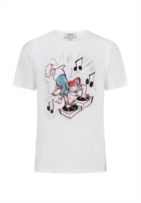 Camiseta de algodón blanca con un personaje de dibujos animados DJing en unos platos, con acentos de color y notas musicales en el diseño.