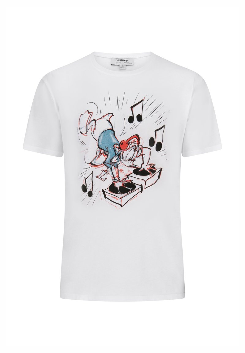 Camiseta de algodón blanca con un personaje de dibujos animados DJing en unos platos, con acentos de color y notas musicales en el diseño.