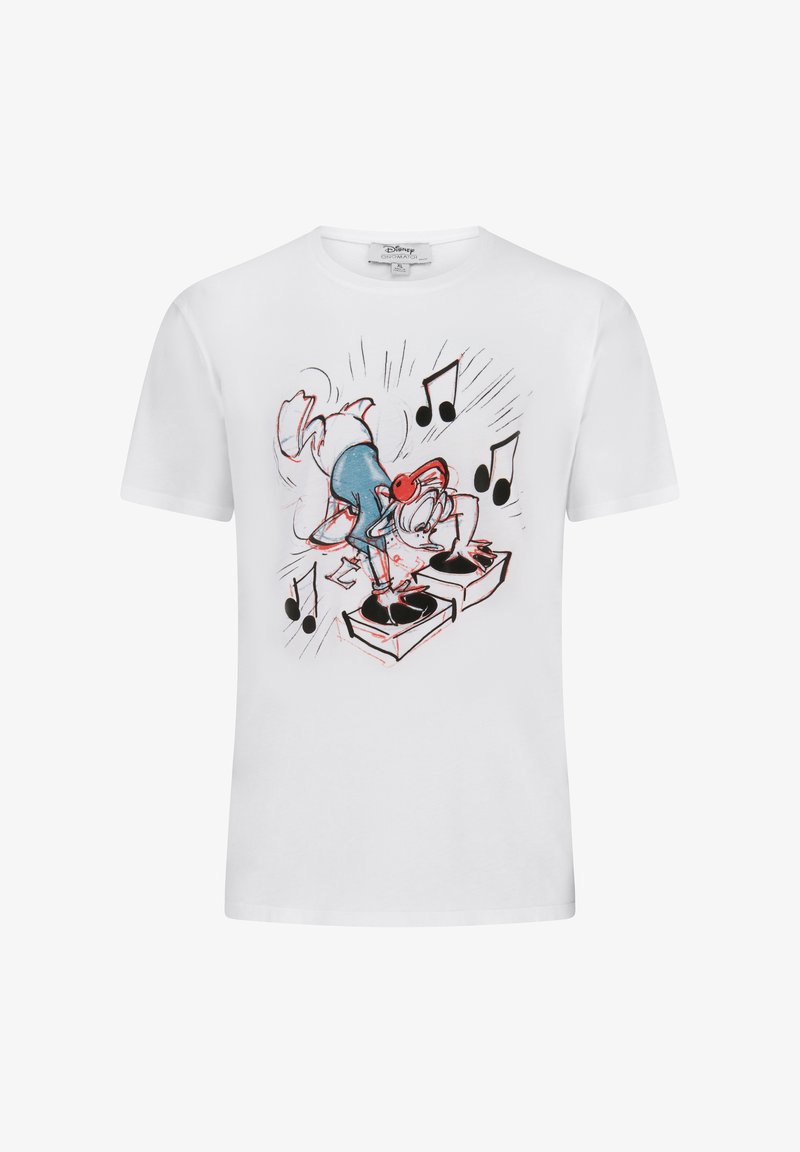 Camiseta de algodón blanca con un personaje de dibujos animados DJing en unos platos, con acentos de color y notas musicales en el diseño.